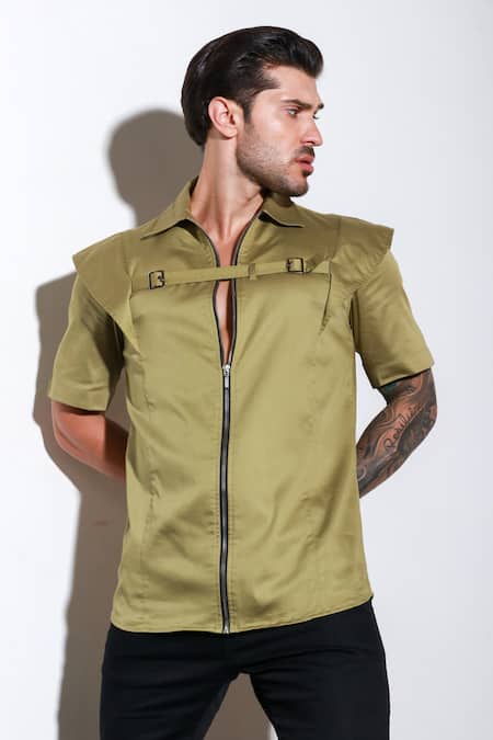 Buy_Echke_Green Lycra Zippered Buckle Shirt _Online_at_Aza_Fashions