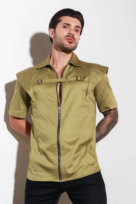 Shop_Echke_Green Lycra Zippered Buckle Shirt _Online_at_Aza_Fashions
