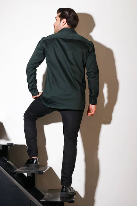 Shop Echke Green Lycra Zippered Buckle Shirt at Aza Fashions Shop_Echke_Green Lycra Zippered Buckle Shirt _at_Aza_Fashions
