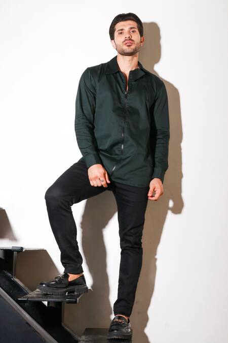 Echke Green Lycra Zippered Buckle Shirt Online at Aza Fashions Echke_Green Lycra Zippered Buckle Shirt _Online_at_Aza_Fashions