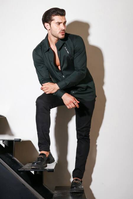 Shop Echke Green Lycra Zippered Buckle Shirt Online at Aza Fashions Shop_Echke_Green Lycra Zippered Buckle Shirt _Online_at_Aza_Fashions