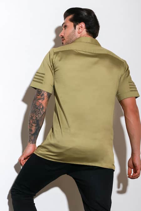 Shop Echke Green Lycra Zipper Half Sleeve Shirt at Aza Fashions Shop_Echke_Green Lycra Zipper Half Sleeve Shirt _at_Aza_Fashions