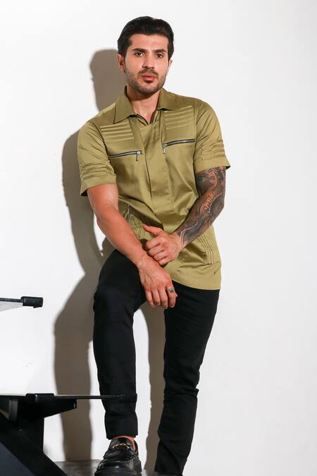 Echke Green Lycra Zipper Half Sleeve Shirt Online at Aza Fashions Echke_Green Lycra Zipper Half Sleeve Shirt _Online_at_Aza_Fashions