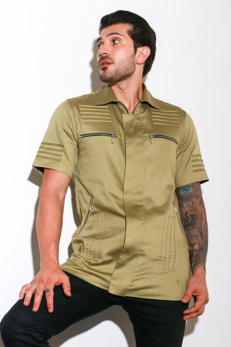 Buy Echke Green Lycra Zipper Half Sleeve Shirt Online at Aza Fashions Buy_Echke_Green Lycra Zipper Half Sleeve Shirt _Online_at_Aza_Fashions