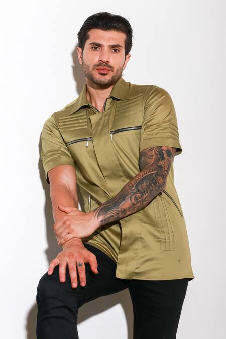 Shop Echke Green Lycra Zipper Half Sleeve Shirt Online at Aza Fashions Shop_Echke_Green Lycra Zipper Half Sleeve Shirt _Online_at_Aza_Fashions