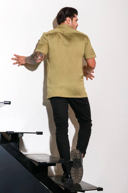 Echke Green Lycra Zipper Half Sleeve Shirt at Aza Fashions Echke_Green Lycra Zipper Half Sleeve Shirt _at_Aza_Fashions