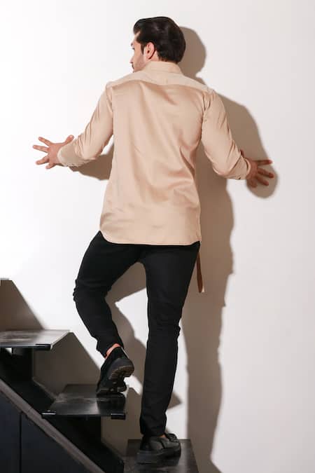 Shop Echke Beige Lycra Half Bib Pattern Shirt at Aza Fashions Shop_Echke_Beige Lycra Half Bib Pattern Shirt _at_Aza_Fashions