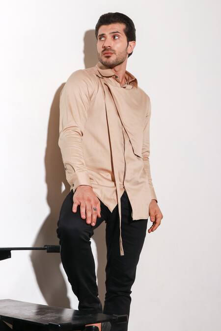 Echke Beige Lycra Half Bib Pattern Shirt Online at Aza Fashions Echke_Beige Lycra Half Bib Pattern Shirt _Online_at_Aza_Fashions