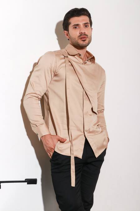 Shop Echke Beige Lycra Half Bib Pattern Shirt Online at Aza Fashions Shop_Echke_Beige Lycra Half Bib Pattern Shirt _Online_at_Aza_Fashions