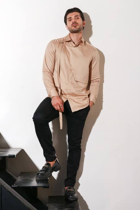 Buy Echke Beige Lycra Half Bib Pattern Shirt Buy_Echke_Beige Lycra Half Bib Pattern Shirt