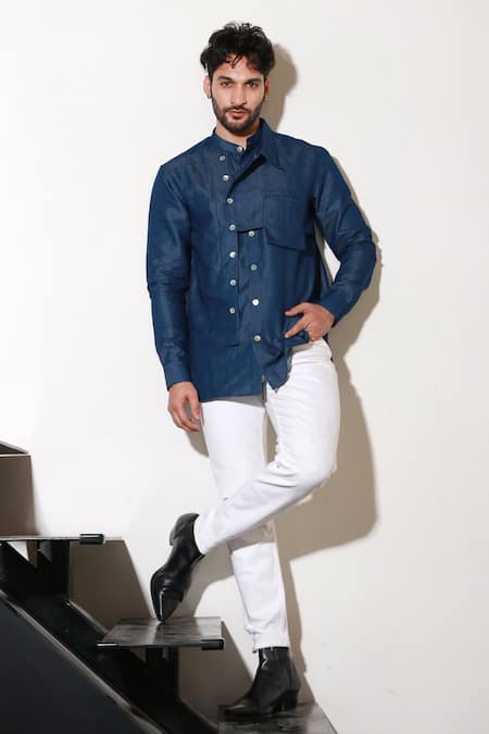 Echke Blue Denim Buttoned Shirt Online at Aza Fashions Echke_Blue Denim Buttoned Shirt _Online_at_Aza_Fashions