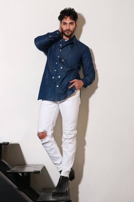 Buy Echke Blue Denim Buttoned Shirt Online at Aza Fashions Buy_Echke_Blue Denim Buttoned Shirt _Online_at_Aza_Fashions