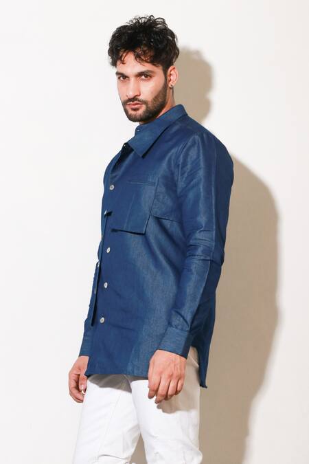 Echke Blue Denim Buttoned Shirt at Aza Fashions Echke_Blue Denim Buttoned Shirt _at_Aza_Fashions