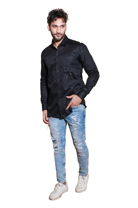 Shop_Echke_Green Lycra Solid Long Sleeve Shirt _Online_at_Aza_Fashions
