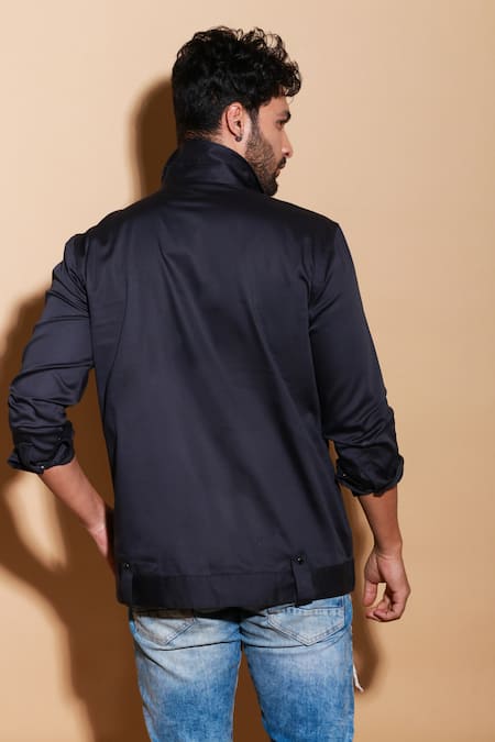 Shop Echke Grey Lycra Half Biker Zippered Shirt at Aza Fashions Shop_Echke_Grey Lycra Half Biker Zippered Shirt _at_Aza_Fashions