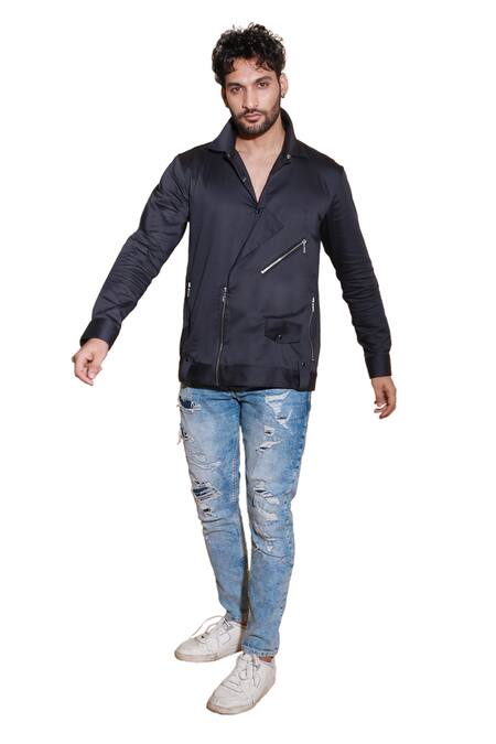 Echke Grey Lycra Half Biker Zippered Shirt Online at Aza Fashions Echke_Grey Lycra Half Biker Zippered Shirt _Online_at_Aza_Fashions