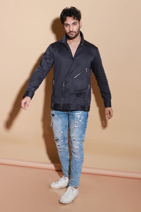 Buy Echke Grey Lycra Half Biker Zippered Shirt Online at Aza Fashions Buy_Echke_Grey Lycra Half Biker Zippered Shirt _Online_at_Aza_Fashions