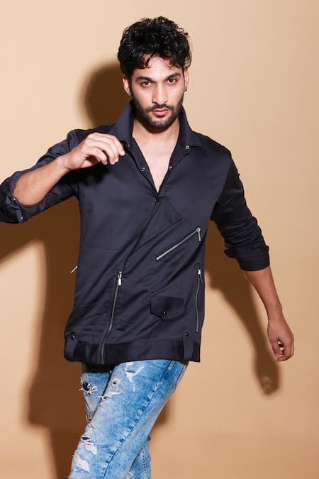 Shop Echke Grey Lycra Half Biker Zippered Shirt Online at Aza Fashions Shop_Echke_Grey Lycra Half Biker Zippered Shirt _Online_at_Aza_Fashions