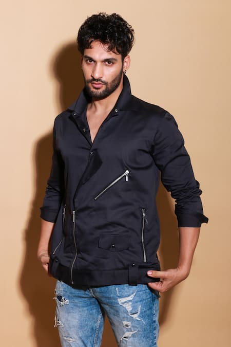 Echke Grey Lycra Half Biker Zippered Shirt at Aza Fashions Echke_Grey Lycra Half Biker Zippered Shirt _at_Aza_Fashions
