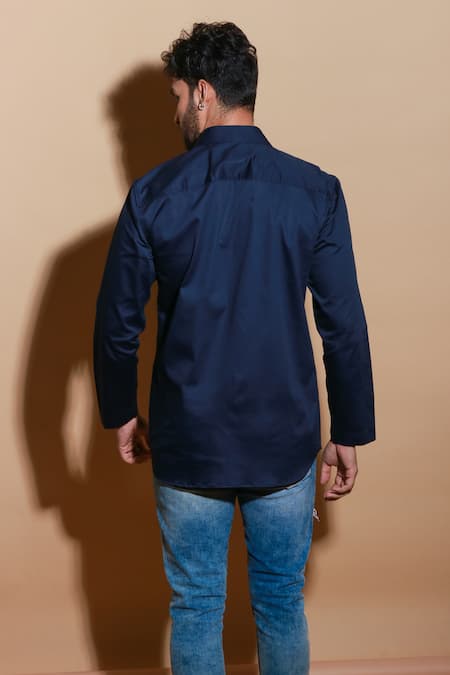 Shop Echke Blue Lycra Striped Eyelet Sleeve Shirt at Aza Fashions Shop_Echke_Blue Lycra Striped Eyelet Sleeve Shirt _at_Aza_Fashions