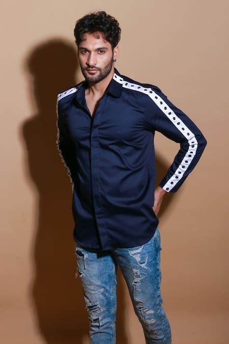 Buy Echke Blue Lycra Striped Eyelet Sleeve Shirt Online at Aza Fashions Buy_Echke_Blue Lycra Striped Eyelet Sleeve Shirt _Online_at_Aza_Fashions