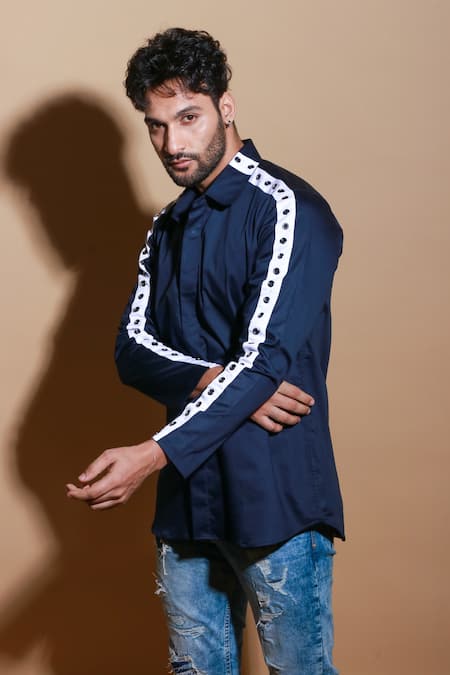 Shop Echke Blue Lycra Striped Eyelet Sleeve Shirt Online at Aza Fashions Shop_Echke_Blue Lycra Striped Eyelet Sleeve Shirt _Online_at_Aza_Fashions