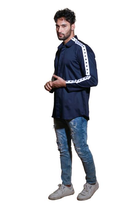 Echke Blue Lycra Striped Eyelet Sleeve Shirt at Aza Fashions Echke_Blue Lycra Striped Eyelet Sleeve Shirt _at_Aza_Fashions