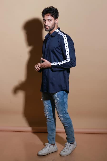 Buy Echke Blue Lycra Striped Eyelet Sleeve Shirt Buy_Echke_Blue Lycra Striped Eyelet Sleeve Shirt