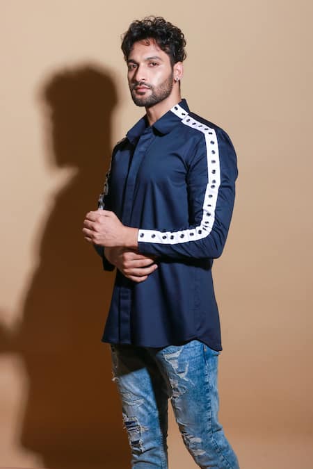 Shop Echke Blue Lycra Striped Eyelet Sleeve Shirt Shop_Echke_Blue Lycra Striped Eyelet Sleeve Shirt