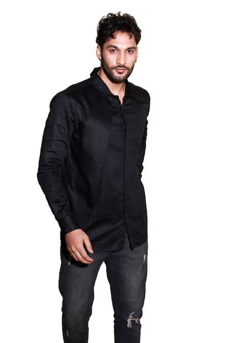 Buy Echke Black Lycra Solid Long Sleeve Shirt Online at Aza Fashions Buy_Echke_Black Lycra Solid Long Sleeve Shirt _Online_at_Aza_Fashions