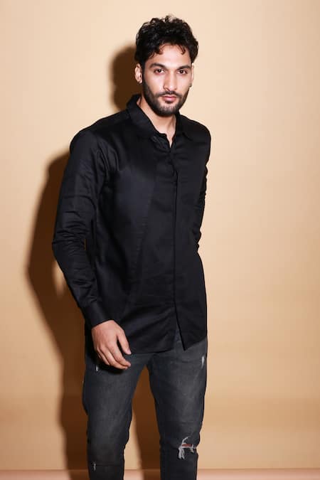 Shop Echke Black Lycra Solid Long Sleeve Shirt Online at Aza Fashions Shop_Echke_Black Lycra Solid Long Sleeve Shirt _Online_at_Aza_Fashions