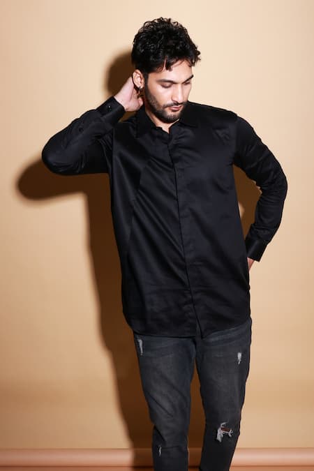 Echke Black Lycra Solid Long Sleeve Shirt at Aza Fashions Echke_Black Lycra Solid Long Sleeve Shirt _at_Aza_Fashions