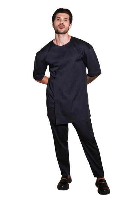 Buy_Echke_Black Lycra Flap Buttoned Shirt And Pant Set _Online_at_Aza_Fashions