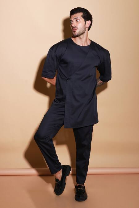 Shop_Echke_Black Lycra Flap Buttoned Shirt And Pant Set _Online_at_Aza_Fashions