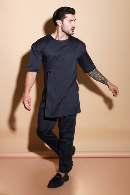 Echke_Black Lycra Flap Buttoned Shirt And Pant Set _at_Aza_Fashions