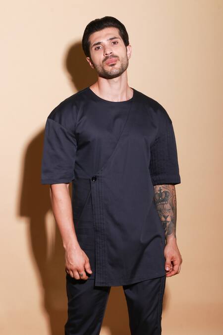 Shop_Echke_Black Lycra Flap Buttoned Shirt And Pant Set 