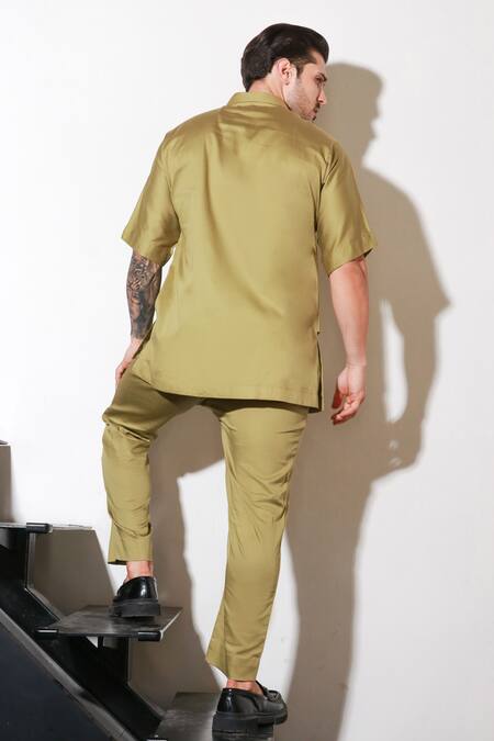 Shop Echke Green Lycra Half Sleeve Shirt And Pant Set at Aza Fashions Shop_Echke_Green Lycra Half Sleeve Shirt And Pant Set _at_Aza_Fashions