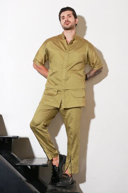 Shop Echke Green Lycra Half Sleeve Shirt And Pant Set Online at Aza Fashions Shop_Echke_Green Lycra Half Sleeve Shirt And Pant Set _Online_at_Aza_Fashions