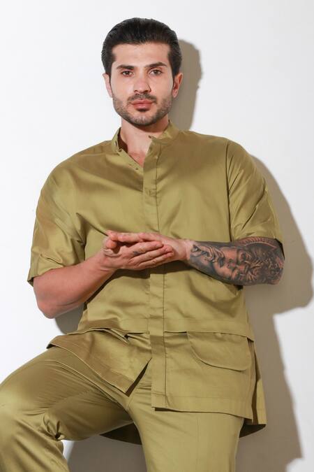 Echke Green Lycra Half Sleeve Shirt And Pant Set at Aza Fashions Echke_Green Lycra Half Sleeve Shirt And Pant Set _at_Aza_Fashions