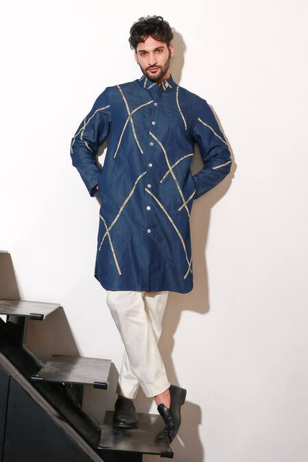 Shop Echke Blue Lycra Abstract Pattern Kurta And Pant Set Online at Aza Fashions Shop_Echke_Blue Lycra Abstract Pattern Kurta And Pant Set _Online_at_Aza_Fashions