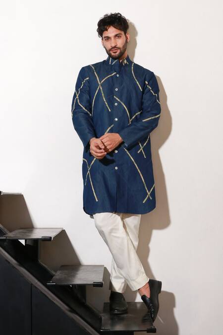 Echke Blue Lycra Abstract Pattern Kurta And Pant Set at Aza Fashions Echke_Blue Lycra Abstract Pattern Kurta And Pant Set _at_Aza_Fashions