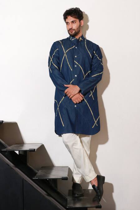 Buy Echke Blue Lycra Abstract Pattern Kurta And Pant Set Buy_Echke_Blue Lycra Abstract Pattern Kurta And Pant Set