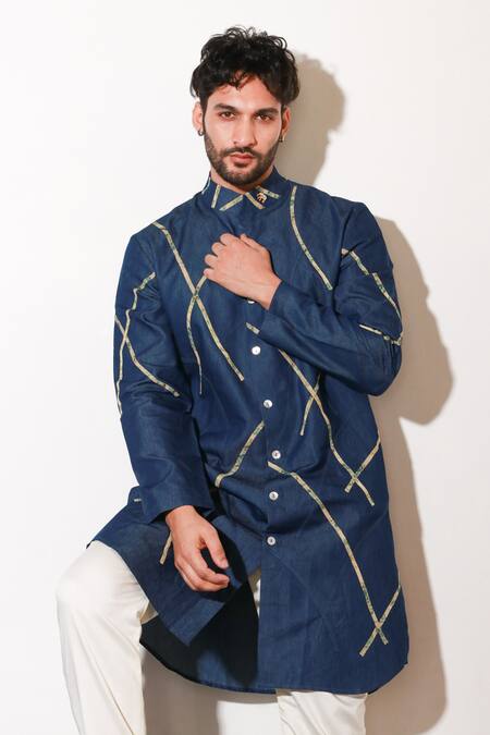 Shop Echke Blue Lycra Abstract Pattern Kurta And Pant Set Shop_Echke_Blue Lycra Abstract Pattern Kurta And Pant Set