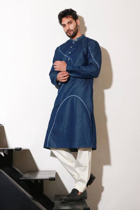 Echke_Blue Lycra Wave Pattern Kurta And Pant Set _Online_at_Aza_Fashions