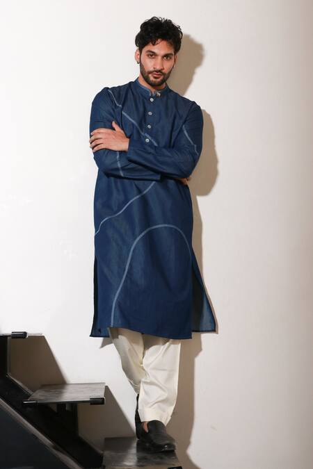 Shop_Echke_Blue Lycra Wave Pattern Kurta And Pant Set _Online_at_Aza_Fashions