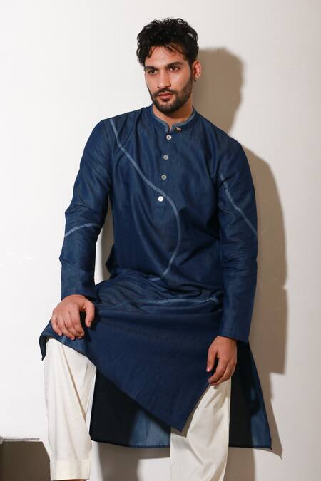 Echke_Blue Lycra Wave Pattern Kurta And Pant Set _at_Aza_Fashions