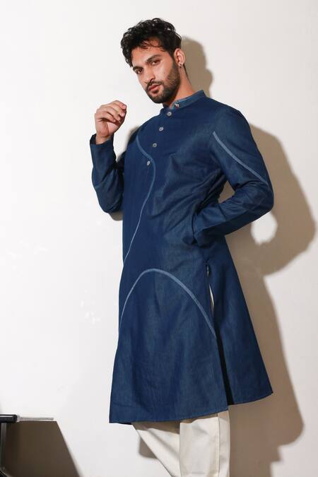 Buy_Echke_Blue Lycra Wave Pattern Kurta And Pant Set 