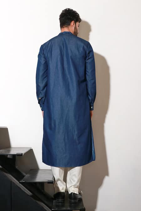 Shop Echke Blue Lycra Pleated Long Sleeve Kurta And Pant Set at Aza Fashions Shop_Echke_Blue Lycra Pleated Long Sleeve Kurta And Pant Set _at_Aza_Fashions