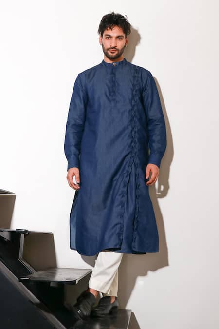 Echke Blue Lycra Pleated Long Sleeve Kurta And Pant Set Online at Aza Fashions Echke_Blue Lycra Pleated Long Sleeve Kurta And Pant Set _Online_at_Aza_Fashions