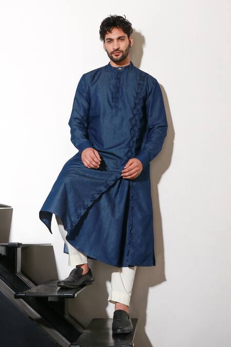 Shop Echke Blue Lycra Pleated Long Sleeve Kurta And Pant Set Online at Aza Fashions Shop_Echke_Blue Lycra Pleated Long Sleeve Kurta And Pant Set _Online_at_Aza_Fashions